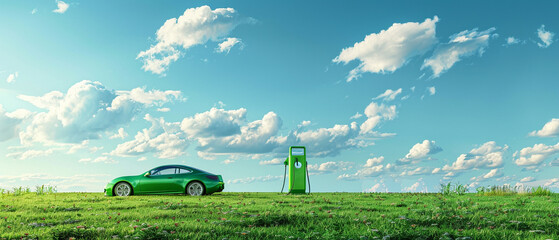 An imaginative scene showing a green car parked beside a stylish green fuel pump on a grassy knoll, with a clear blue sky and fluffy clouds, representing a clean future. 1