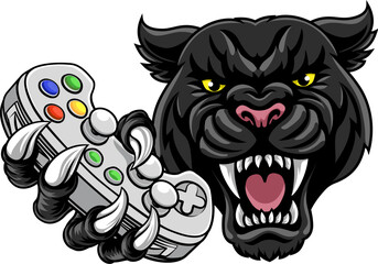 Black panther leopard or jaguar cat gamer sports mascot holding a video game controller