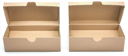 Cardboard boxes, opened and closed, showcase their versatile design for storage and packaging. Ideal for organizing items, these boxes are practical and efficient