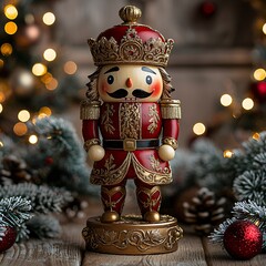 A vibrant nutcracker figurine in red and gold, perfect for Christmas decor, holiday events, or festive promotions, evoking a warm winter atmosphere.