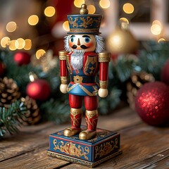 A vibrant red and gold nutcracker figurine evokes holiday cheer, perfect for Christmas promotions, winter events, and festive decorations.