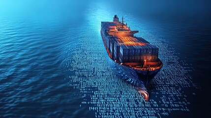 Cargo ship sailing on digital sea, concept of modern trade