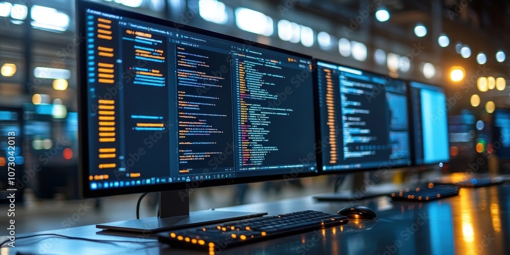 Poster dual high-resolution monitors displaying colorful code in modern office environment with blurred bac