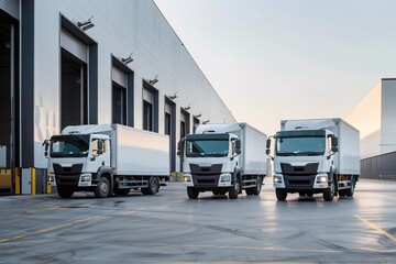 Fototapeta premium Delivery trucks lined up at warehouse ready for transport