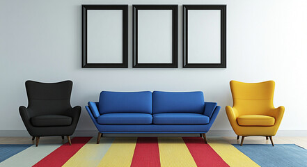 blue sofa is flanked by two colorful chairs, one black and one yellow, creating vibrant living space. minimalist decor is complemented by three empty frames on wall, inviting creativity