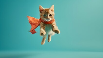 Fototapeta premium superhero cat, Cute orange tabby kitty with a blue cloak and mask jumping and flying on light blue background with copy space. The concept of a superhero, super cat, leader, funny animal studio shot.