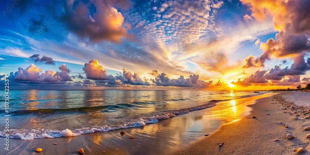 Poster captivating panoramic view of a serene beach at twilight with colorful skies and gentle waves reflec