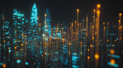 Fototapeta premium Smart digital Innovation city Business skyscrapers in the Financial District with connection network reciprocity over the cityscape. of future smart wireless digital city and social media networking