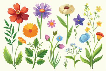 Collection of wildflowers, set, clipart, design game asset sprite sheet, aquarelle illustration, of hand drawn plants, leaves, flowers. Silhouettes of natural elements for seasonal backgrounds, and ve