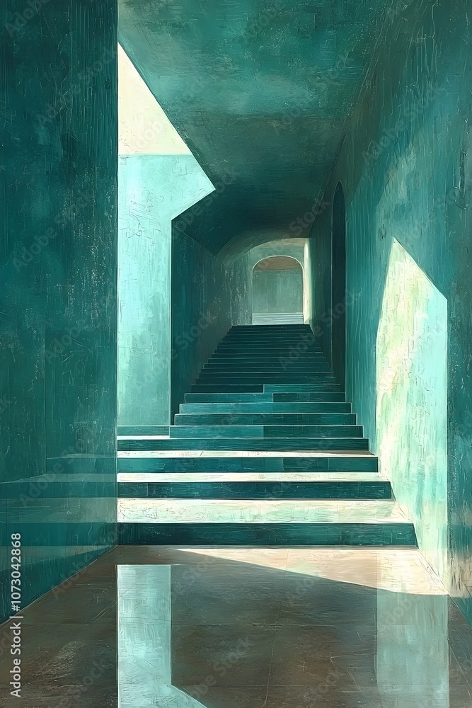 Poster a serene view of a turquoise staircase leading upwards, illuminated by natural light filtering throu