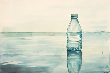 Minimalist Watercolor of Lone Plastic Bottle on Water