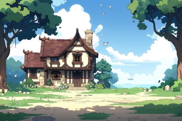 A house with a porch and a boat in the water