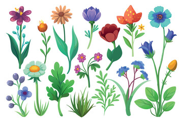 Collection of wildflowers, set, clipart, design game asset sprite sheet, aquarelle illustration, of hand drawn plants, leaves, flowers. Silhouettes of natural elements for seasonal backgrounds, and ve