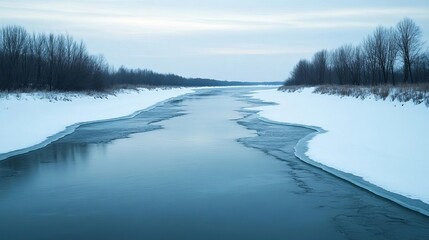 Icy reflections on a frozen river illuminated by pale ambient light, cold winter atmosphere