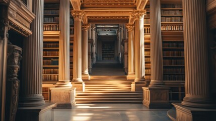 Sunbeams illuminate a grand library hallway with marble columns and wooden bookshelves.