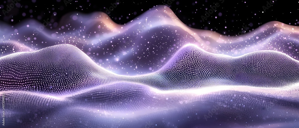 Aufkleber a mesmerizing abstract landscape featuring undulating waves of luminous particles in shades of purpl