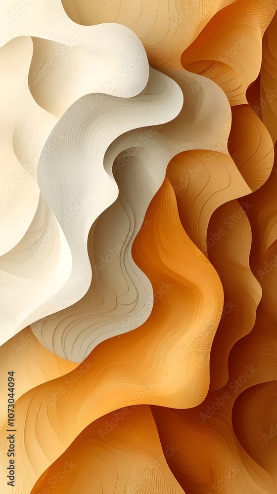 Poster an abstract design featuring flowing waves in warm tones of cream and orange, creating a serene and 