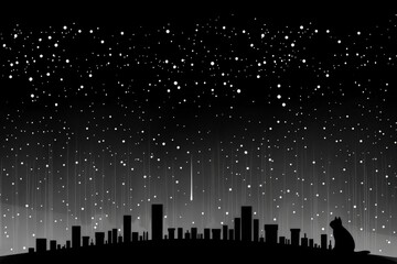 A black and white photo of a city skyline with a cat sitting on a rooftop