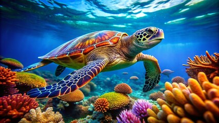 Obraz premium Captivating Tilt-Shift Photography of a Turtle Swimming Gracefully Among Vibrant Coral Reefs in Crystal Clear Waters, Showcasing the Beauty of Underwater Life and Marine Ecosystems