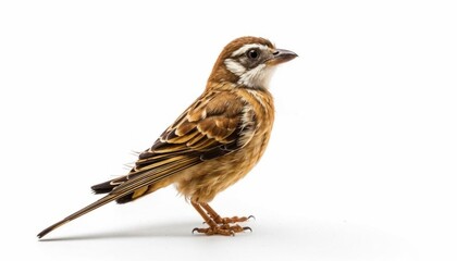 Fototapeta premium A small bird standing on a reflective surface against a white background. The bird's detailed plumage and sharp eye make it visually striking. AI generated. 