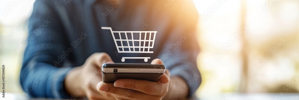 Poster Businessman using smartphone for online shopping and making purchases through an e commerce platform, with a shopping cart icon hovering above the device