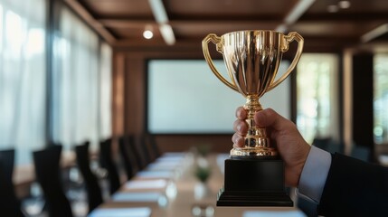 A hand holding a gold trophy in a modern conference room, symbolizing achievement and success in the business world.