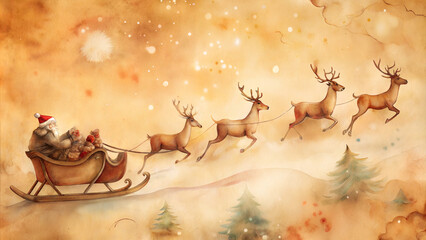 A vintage watercolor illustration of Santa Claus flying in his sleigh pulled by reindeer on a starry night