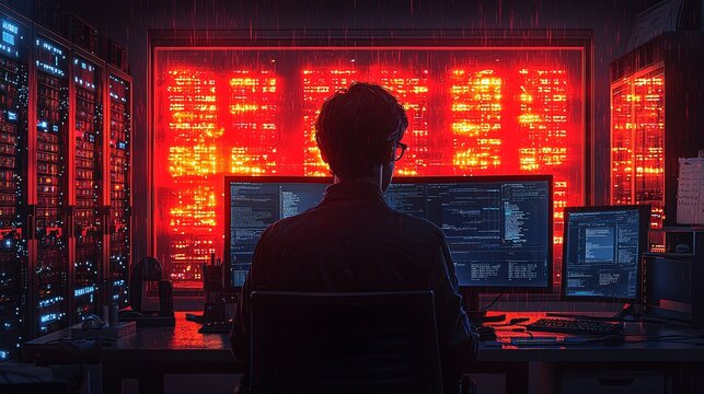 Defending Data Integrity: Office Worker Monitoring Cyberattack Alert in Secure Server Room Environment
