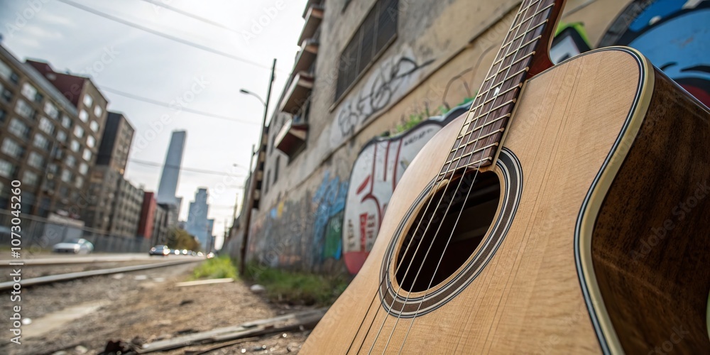 Poster captivating urban exploration photography showcasing acoustic bass strings and sound hole in a uniqu