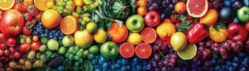 A vibrant display of various fruits arranged in a rainbow pattern, showcasing a rich diversity of colors and textures.