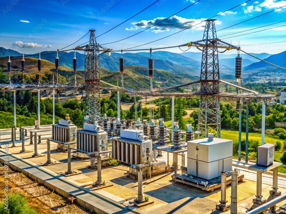 Poster captivating view of a transformer substation with high depth of field showcasing electrical infrastr