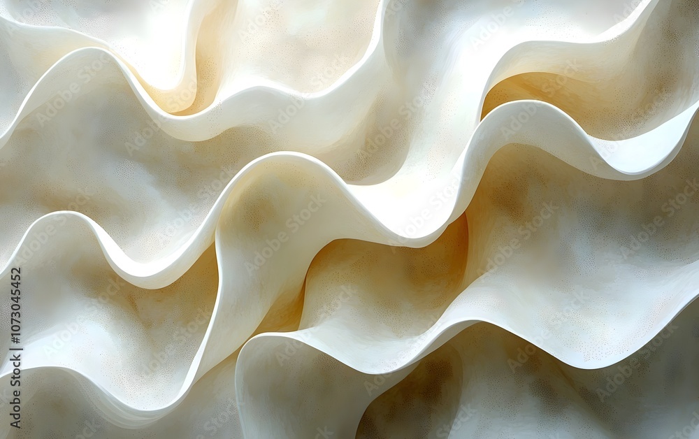 Poster an abstract composition featuring smooth, undulating waves in soft shades of cream and beige, creati