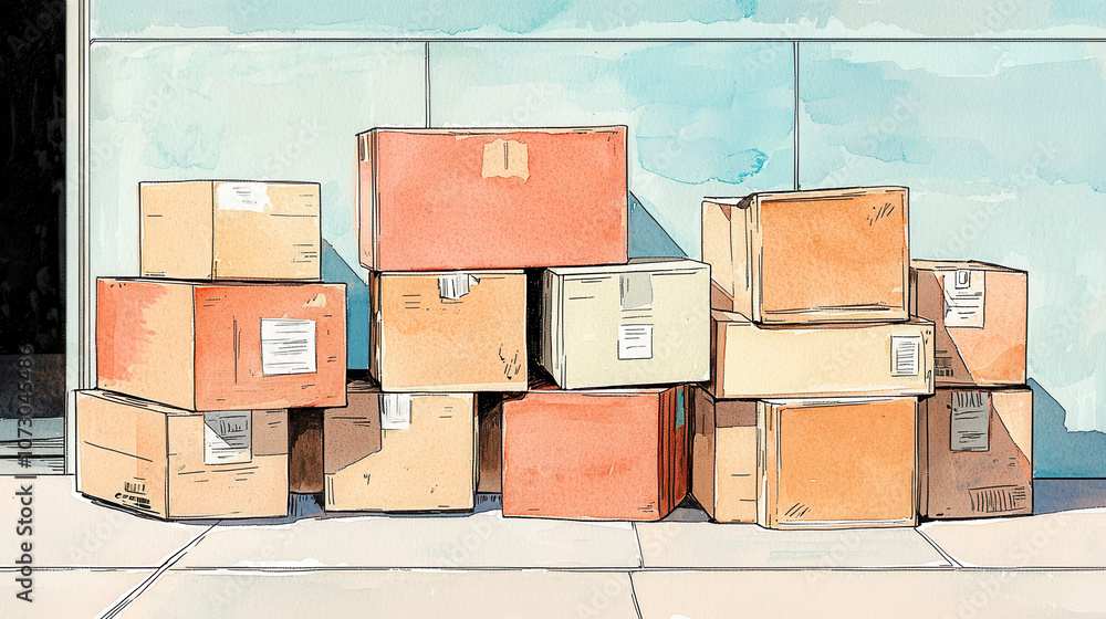 Poster a stack of various cardboard boxes is positioned against a wall, showcasing a mix of sizes and color