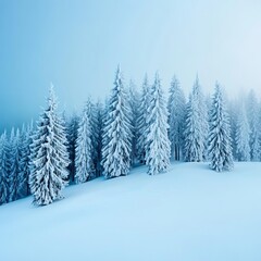 Fototapeta premium Misty winter morning with ambient blue light, snow-covered trees, cold and tranquil scene