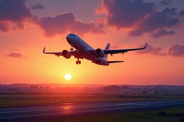 Airplane soaring into sunset sky: stunning aerial view of plane taking off at dusk