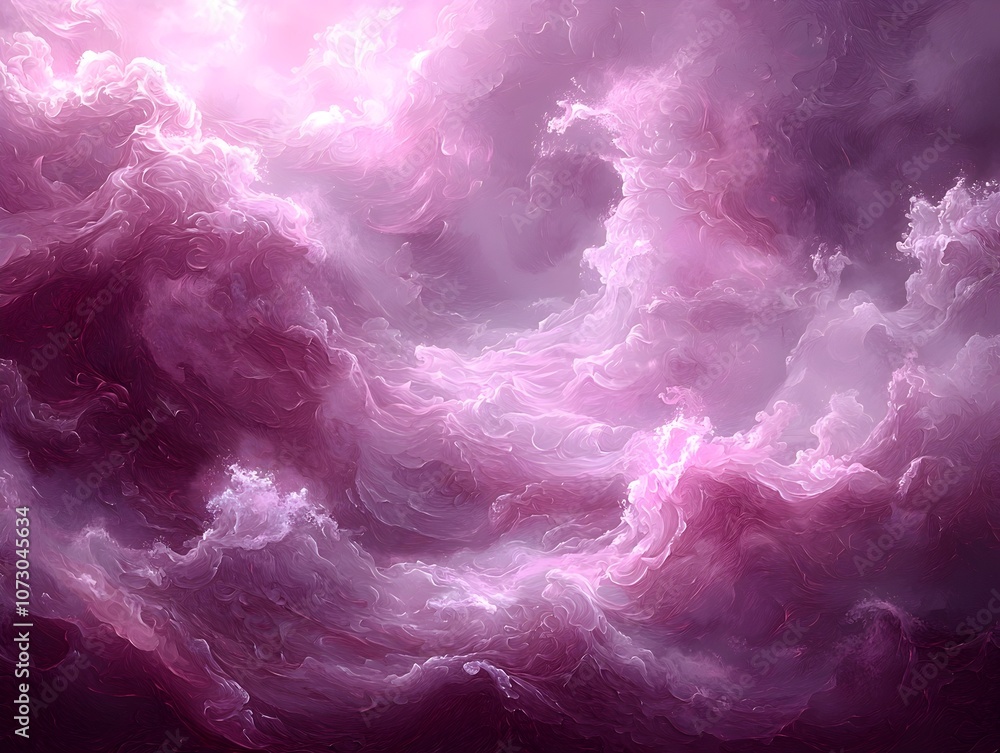 Poster a mesmerizing abstract depiction of swirling pink clouds, creating a dreamy and ethereal atmosphere,