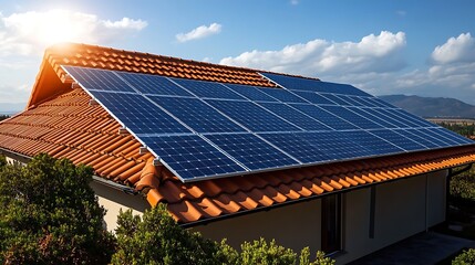 Fototapeta premium A photovoltaic system on the roof of an energy, Solar energy panel on house background