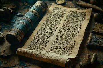 Ancient scrolls and scripts are beautifully displayed on a textured surface. This artwork captures the essence of history and mystery in a captivating manner. Generative AI