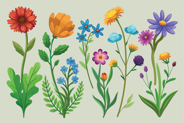 Collection of wildflowers, set, clipart, design game asset sprite sheet, aquarelle illustration, of hand drawn plants, leaves, flowers. Silhouettes of natural elements for seasonal backgrounds, and ve