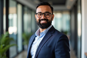 Fototapeta premium Confident professional smiling in modern office environment with natural lighting