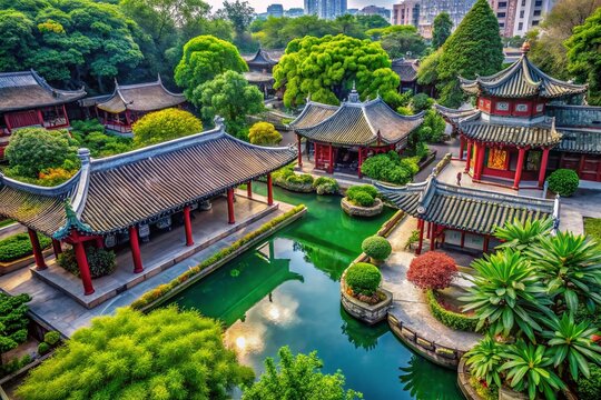 Captivating Views of Baomo Garden's Architectural Wonders in Guangzhou, Guangdong, Showcasing Traditional Lingnan Elements and Intricate Roof Details Amidst Lush Landscapes