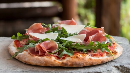 Homemade rustic pizza with arugula, prosciutto, and shaved parmesan on thin crust, served on stone surface