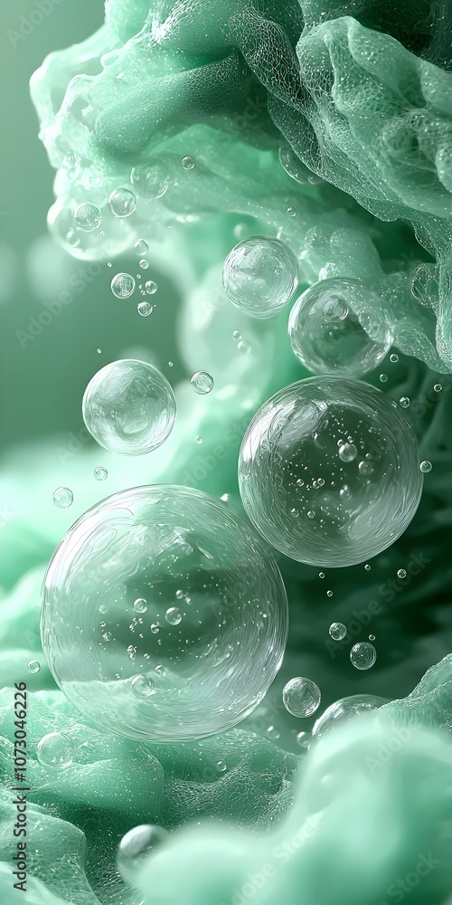 Poster a close-up view of vibrant green foam with translucent bubbles floating gracefully, creating a fresh