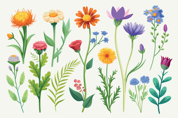 Collection of wildflowers, set, clipart, design game asset sprite sheet, aquarelle illustration, of hand drawn plants, leaves, flowers. Silhouettes of natural elements for seasonal backgrounds, and ve