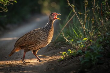 Obraz premium Capturing the Alarm Calls of Natal Spurfowl in Their Natural Habitat, Showcasing Their Unique Behaviors and Surroundings in a Stunning Conceptual Photography Style
