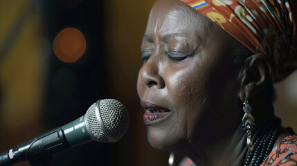A singer passionately engages with her audience during a lively music event at night. Dressed in vibrant attire, she pours her heart into the performance,