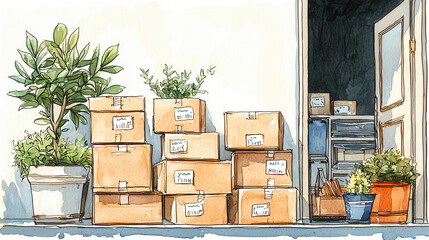 A cozy scene featuring stacked boxes and potted plants on a porch, evoking a sense of home and organization in a bright, inviting atmosphere.