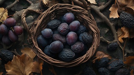 Obraz premium Fresh prunes in a basket with dried prunes arranged around, highlighting the rich purple hues and textures of each.