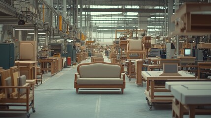 Detailed panoramic view of the furniture assembly line, focusing on sanding, painting, and upholstery sections in an organized and efficient workflow.