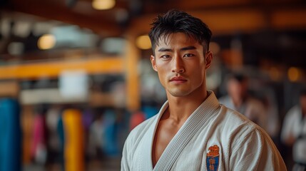Fototapeta premium Focused and intense, a young Asian martial artist stares directly at the camera, exuding strength and determination in his crisp white uniform.